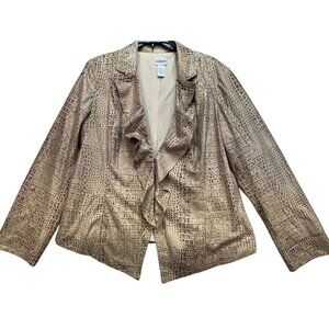 Chicos Womens Croc Jacquard Ruffle Open Front Blazer Size 2 Tan Brown